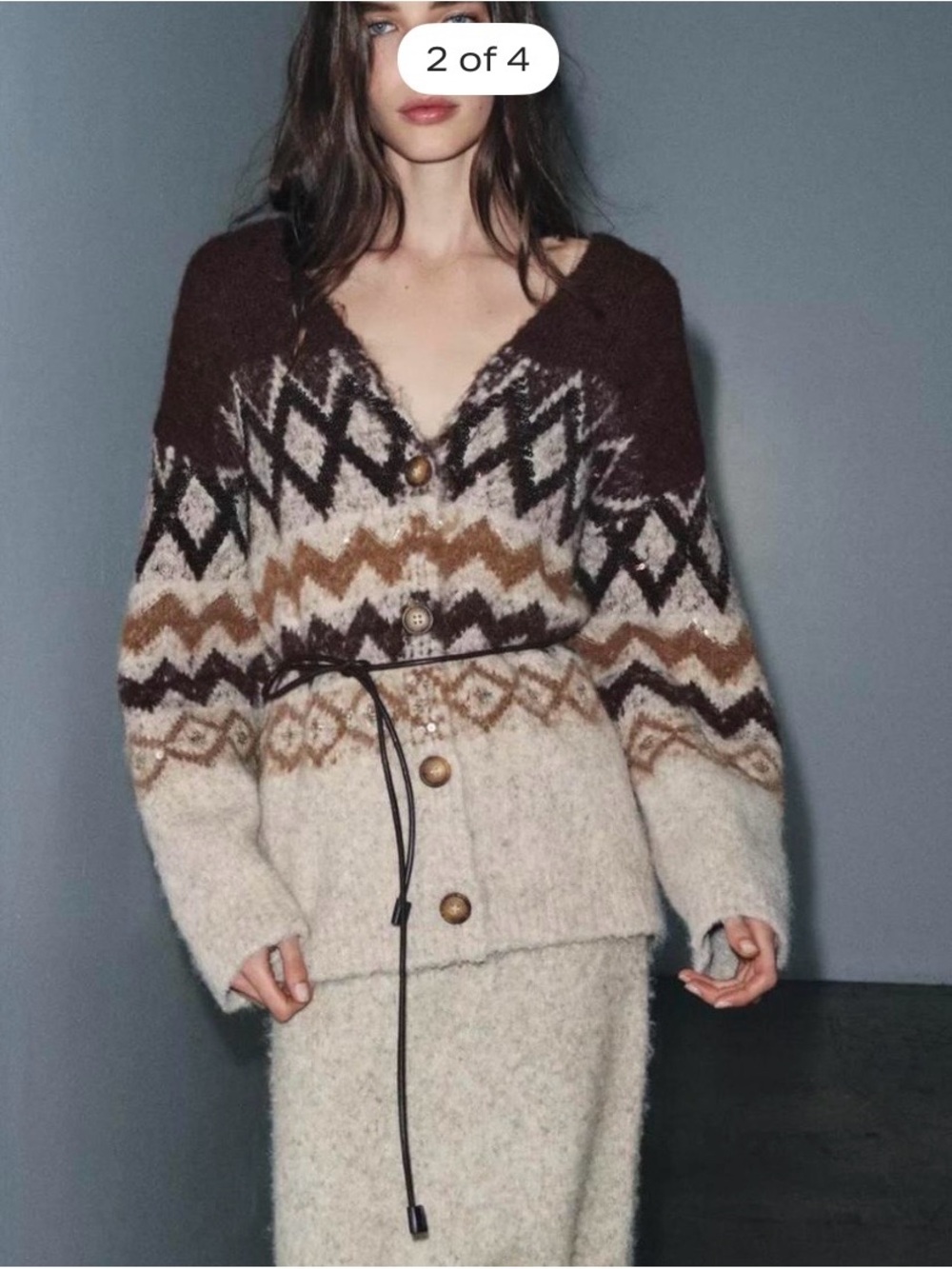 Zara Brown, Cream and Tan Fair Isle Button Cardigan